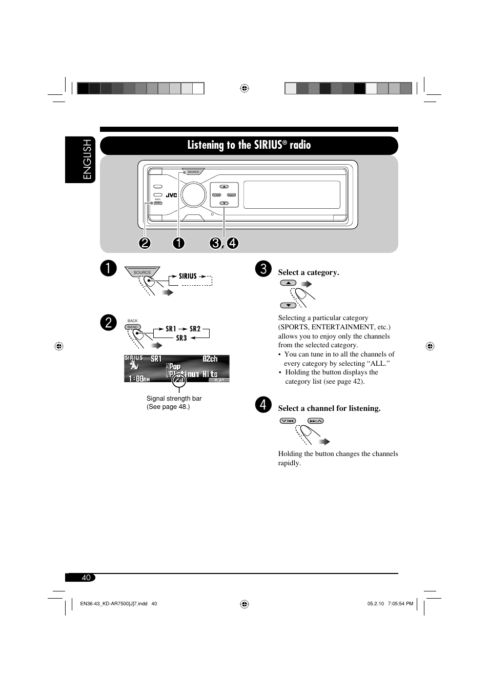 Listening to the sirius, Radio, English | JVC KD-AR7500 User Manual | Page 40 / 159