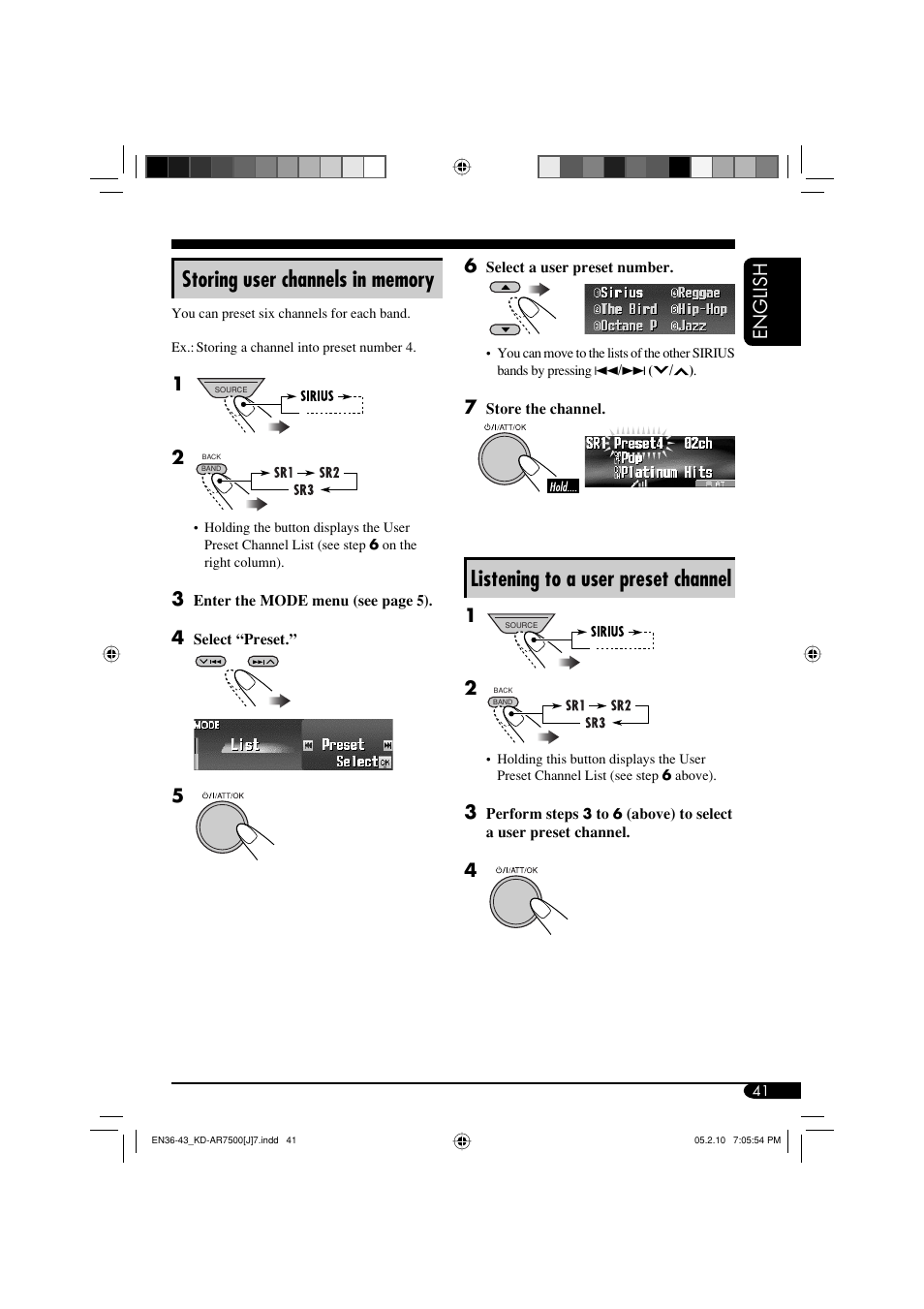 Listening to a user preset channel, English | JVC KD-AR7500 User Manual | Page 41 / 159