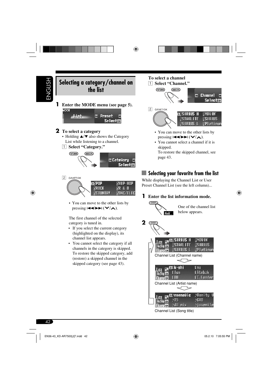 Selecting a category/channel on the list, English, Selecting your favorite from the list | JVC KD-AR7500 User Manual | Page 42 / 159