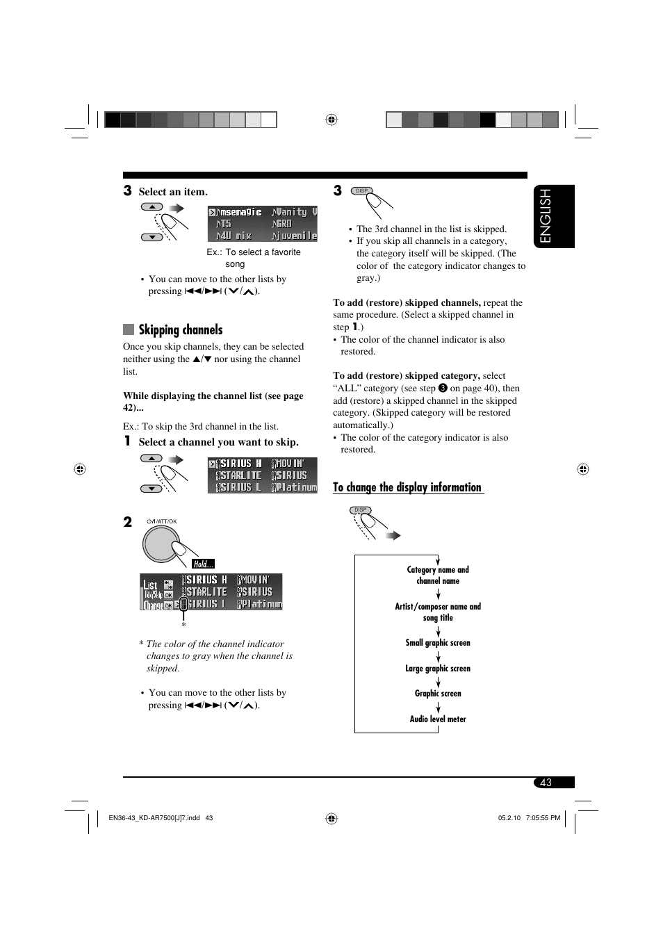 English 3, Skipping channels | JVC KD-AR7500 User Manual | Page 43 / 159