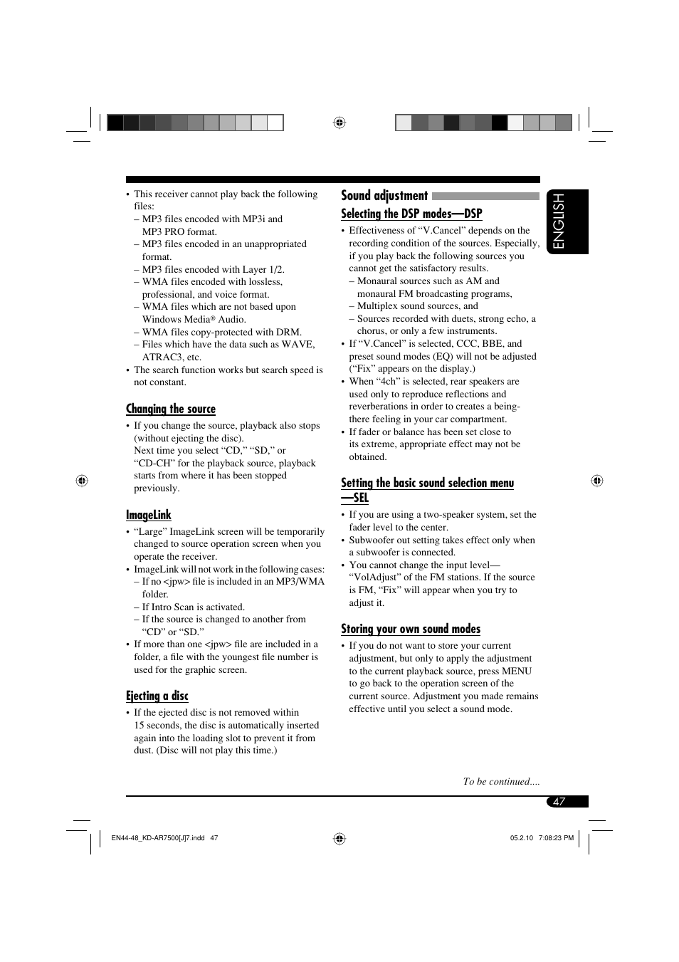 English, Sound adjustment | JVC KD-AR7500 User Manual | Page 47 / 159