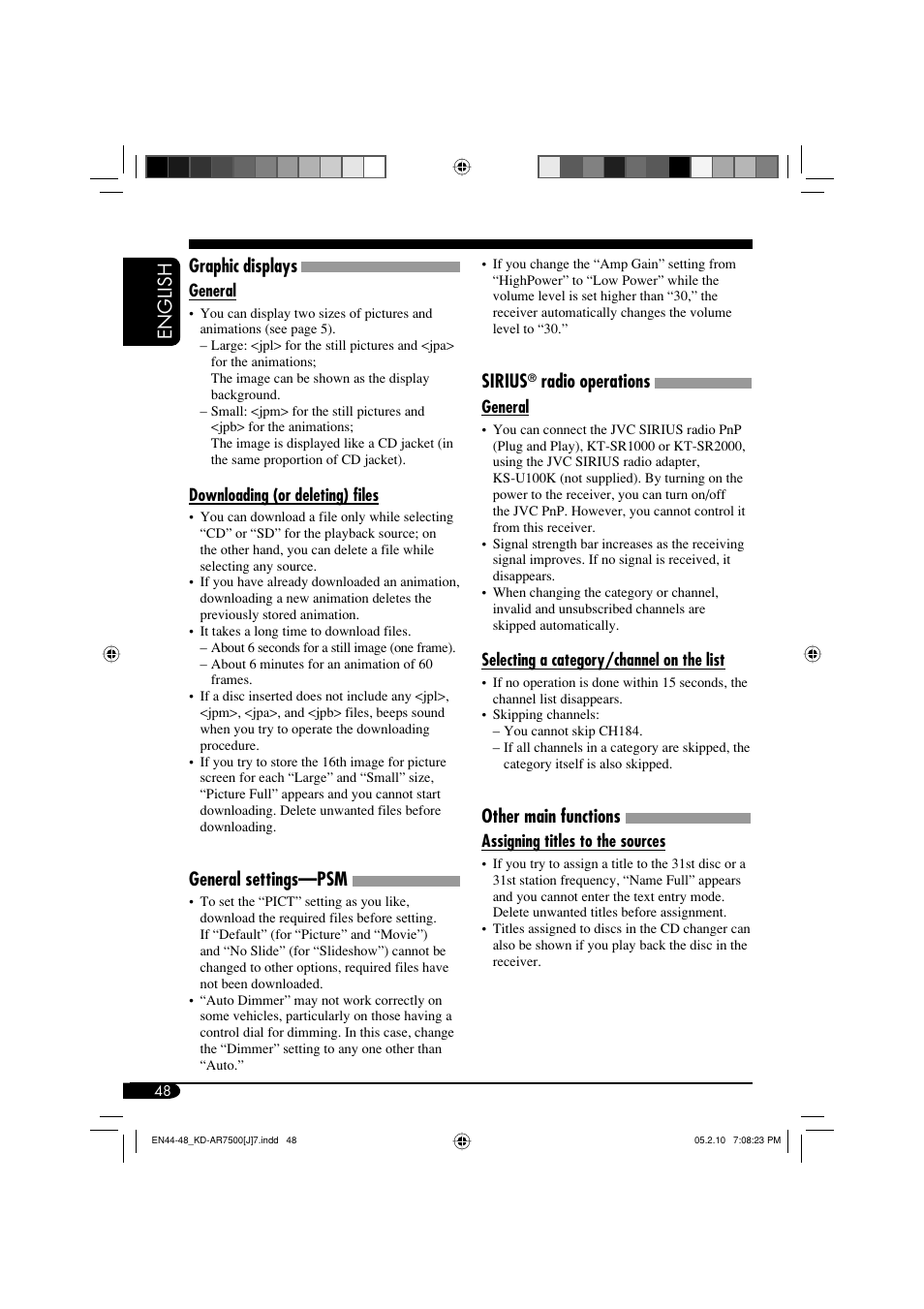 English, Sirius, Radio operations | Other main functions, Graphic displays, General settings—psm | JVC KD-AR7500 User Manual | Page 48 / 159