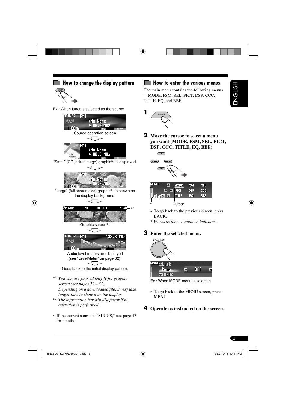 English how to enter the various menus, How to change the display pattern | JVC KD-AR7500 User Manual | Page 5 / 159