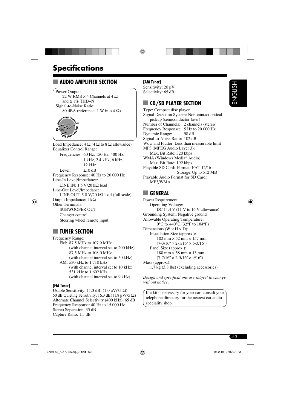Specifications, English, General | JVC KD-AR7500 User Manual | Page 53 / 159