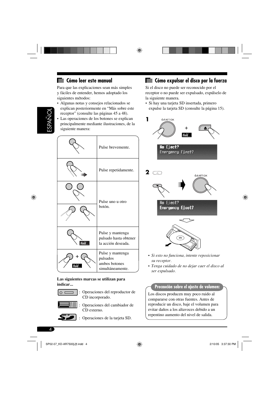 Esp a ñ ol cómo leer este manual, Cómo expulsar el disco por la fuerza | JVC KD-AR7500 User Manual | Page 56 / 159