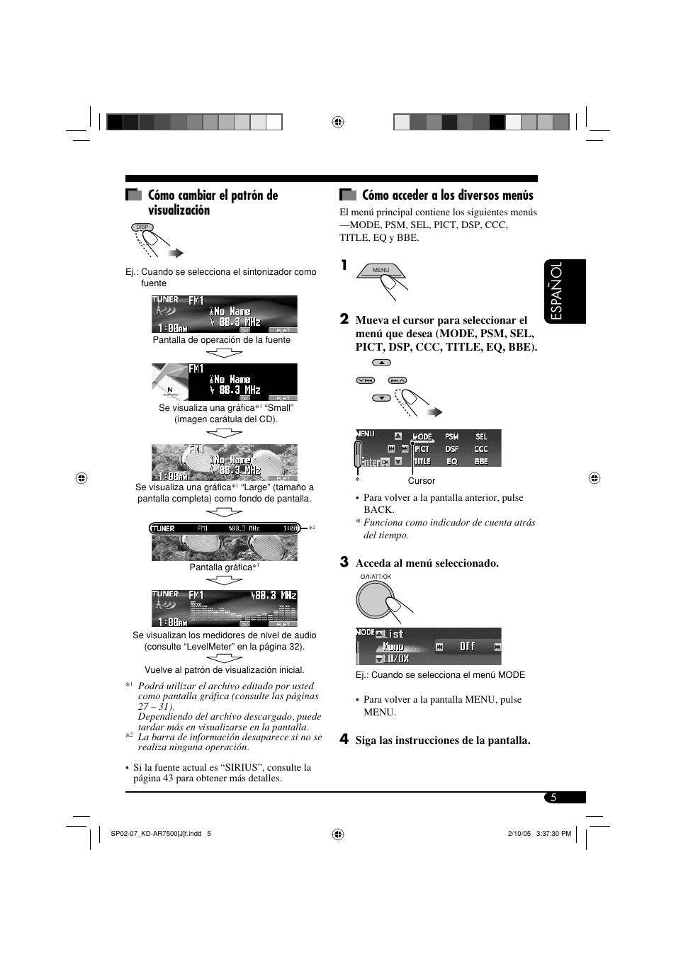 Esp a ñ ol cómo acceder a los diversos menús, Cómo cambiar el patrón de visualización | JVC KD-AR7500 User Manual | Page 57 / 159