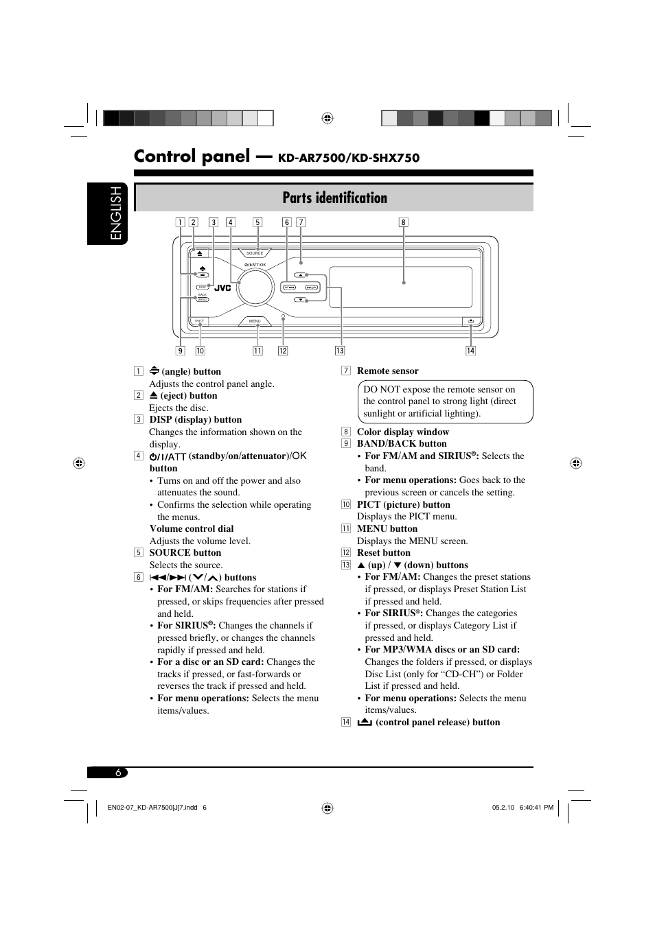Control panel, Parts identification, English | JVC KD-AR7500 User Manual | Page 6 / 159