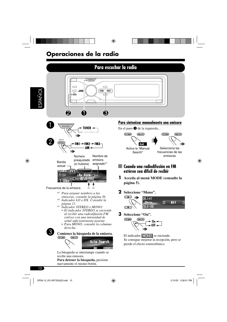 Operaciones de la radio, Para escuchar la radio, Esp a ñ ol | JVC KD-AR7500 User Manual | Page 62 / 159