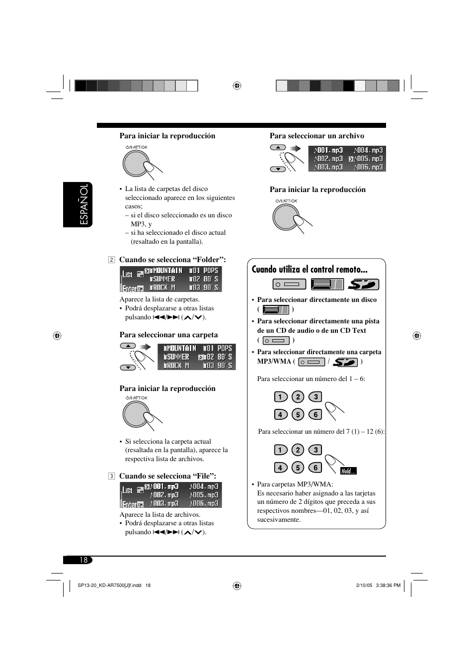Esp a ñ ol, Cuando utiliza el control remoto | JVC KD-AR7500 User Manual | Page 70 / 159