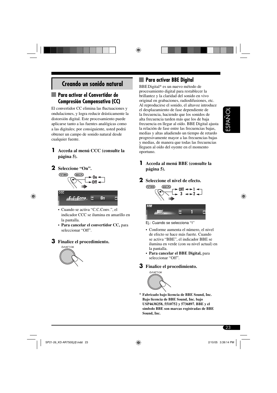 Creando un sonido natural, Esp a ñ ol, Para activar bbe digital | JVC KD-AR7500 User Manual | Page 75 / 159
