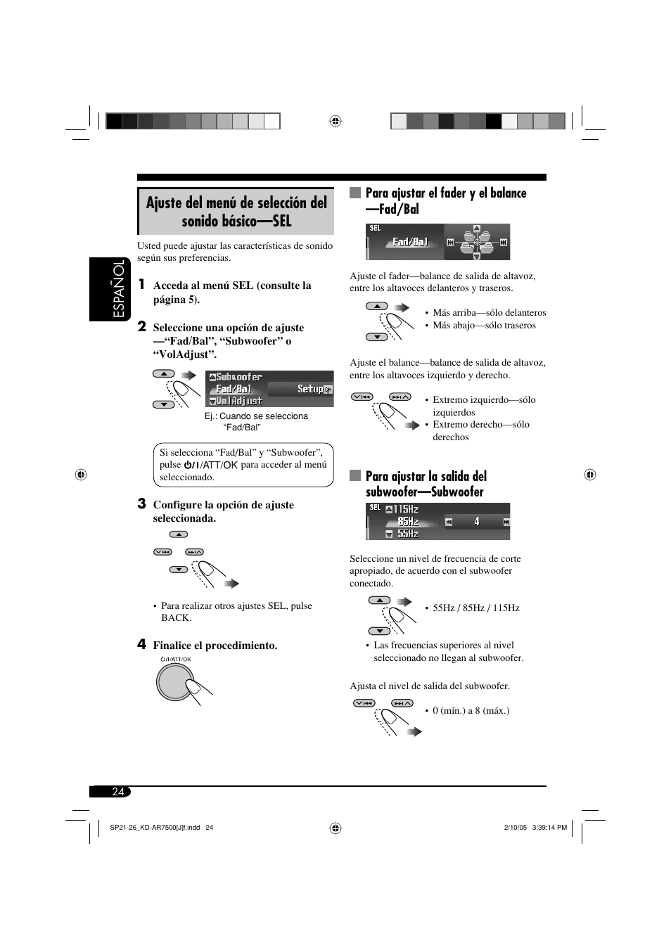 Ajuste del menú de selección del sonido básico—sel, Para ajustar la salida del subwoofer—subwoofer | JVC KD-AR7500 User Manual | Page 76 / 159