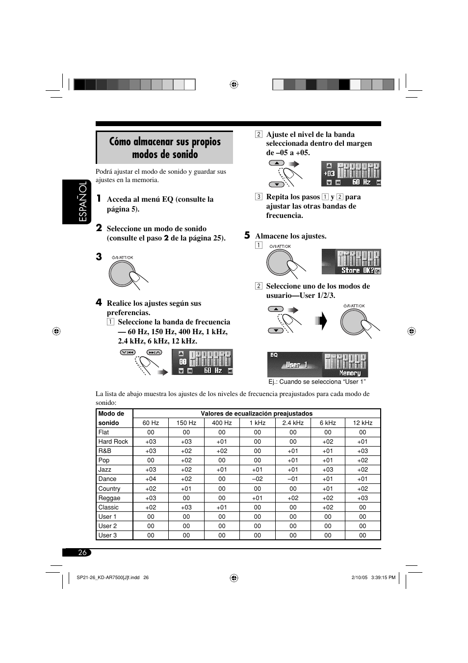 Cómo almacenar sus propios modos de sonido, Esp a ñ ol | JVC KD-AR7500 User Manual | Page 78 / 159
