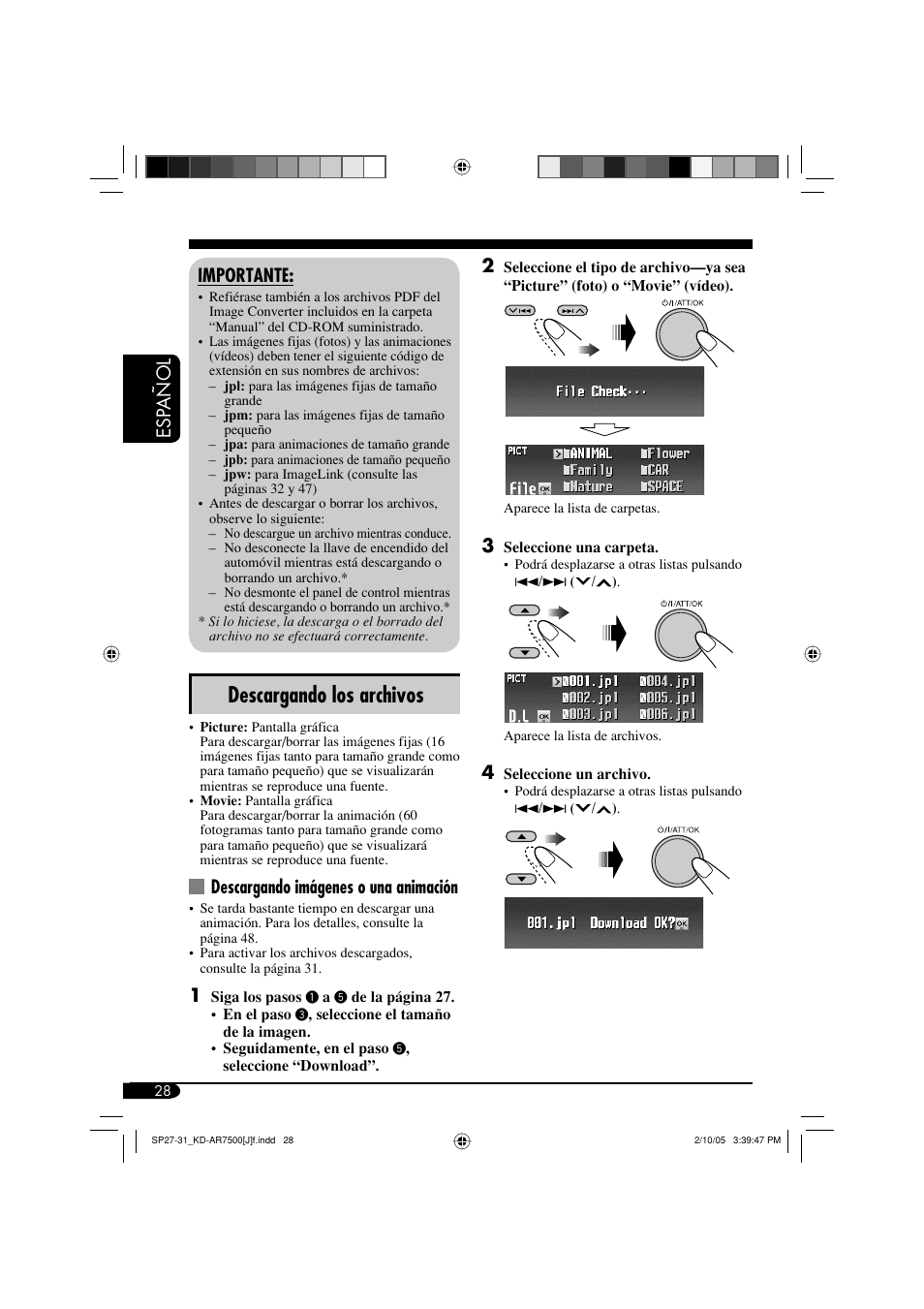 Descargando los archivos, Esp a ñ ol 2, Importante | Descargando imágenes o una animación | JVC KD-AR7500 User Manual | Page 80 / 159