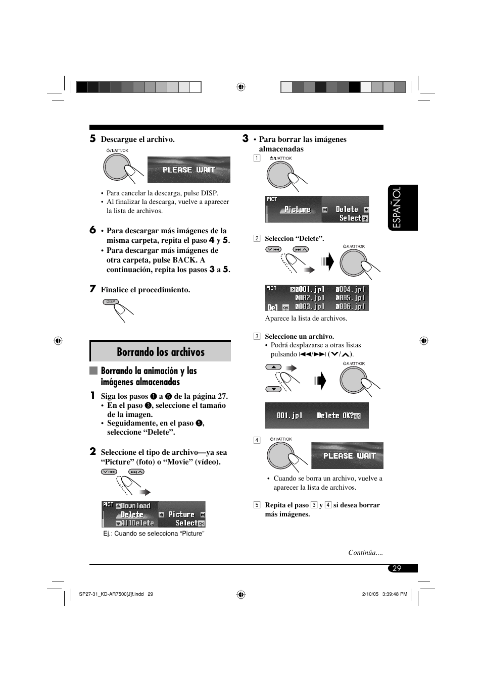 Borrando los archivos, Esp a ñ ol 5, Borrando la animación y las imágenes almacenadas 1 | JVC KD-AR7500 User Manual | Page 81 / 159