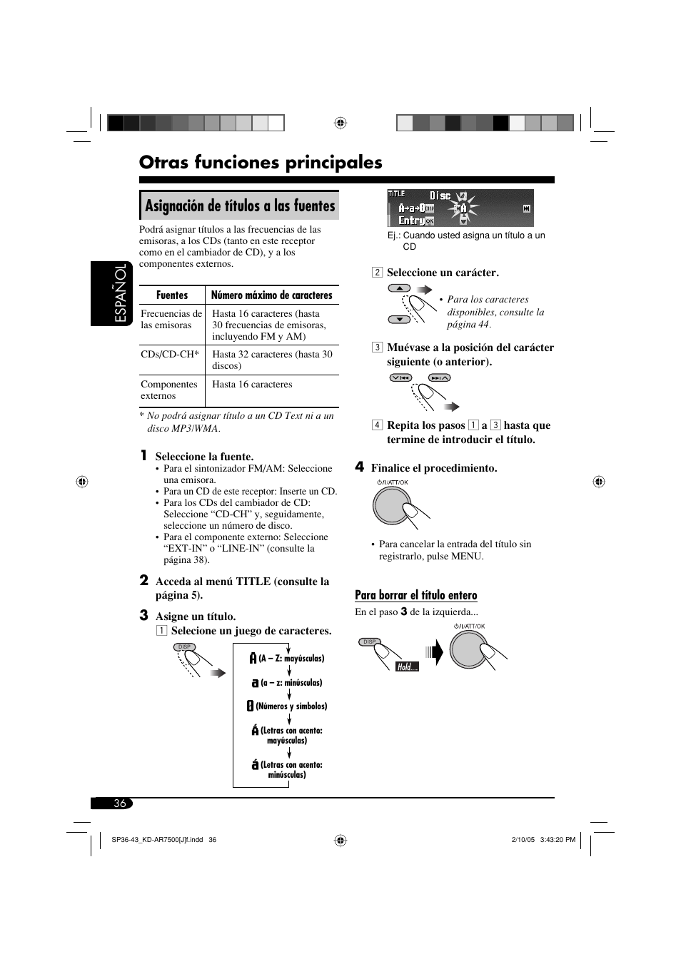 Otras funciones principales, Asignación de títulos a las fuentes, Esp añol | JVC KD-AR7500 User Manual | Page 88 / 159