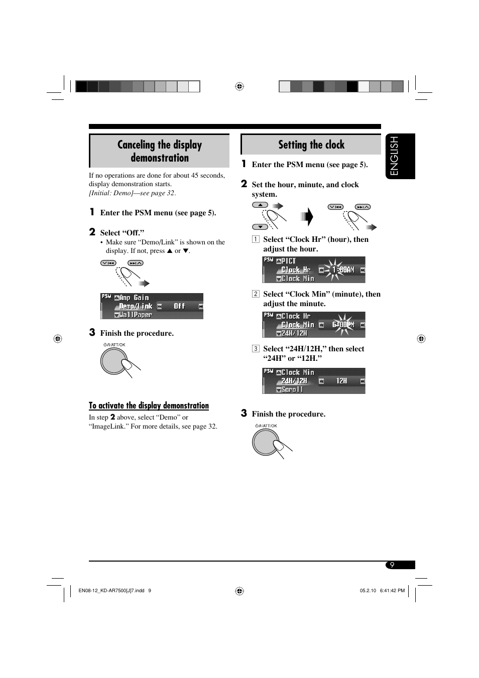 Setting the clock, Canceling the display demonstration | JVC KD-AR7500 User Manual | Page 9 / 159