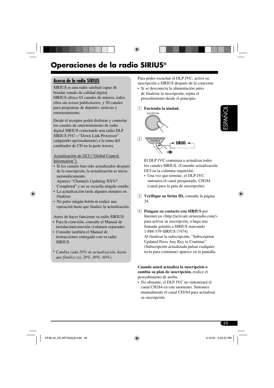 Operaciones de la radio sirius, Esp a ñ ol | JVC KD-AR7500 User Manual | Page 91 / 159