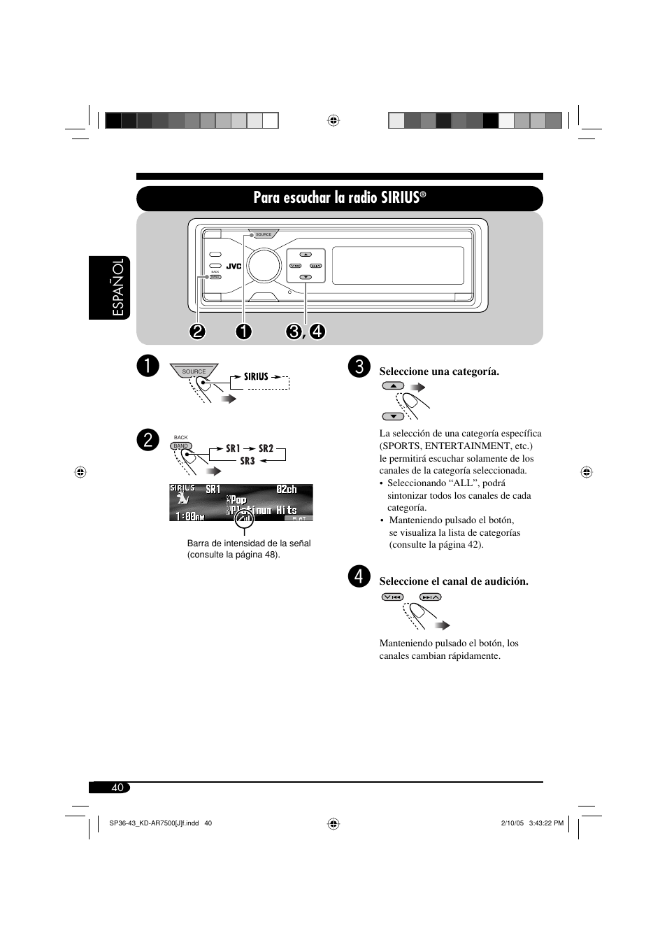 Para escuchar la radio sirius, Esp a ñ ol | JVC KD-AR7500 User Manual | Page 92 / 159
