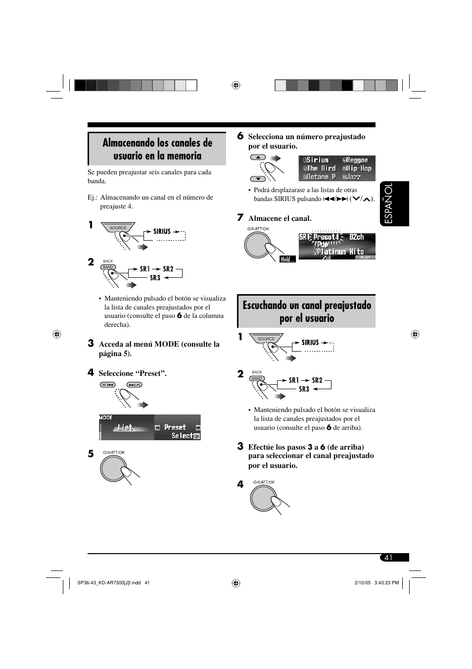 Escuchando un canal preajustado por el usuario, Esp a ñ ol | JVC KD-AR7500 User Manual | Page 93 / 159