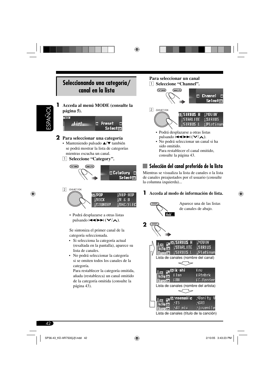 Seleccionando una categoría/ canal en la lista, Esp a ñ ol, Selección del canal preferido de la lista | JVC KD-AR7500 User Manual | Page 94 / 159