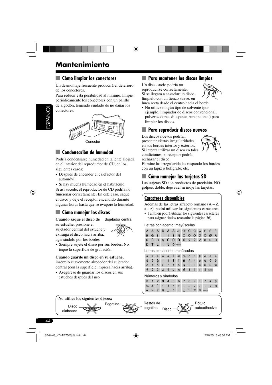Mantenimiento, Esp añol para mantener los discos limpios, Para reproducir discos nuevos | Cómo manejar las tarjetas sd, Cómo limpiar los conectores, Condensación de humedad, Cómo manejar los discos | JVC KD-AR7500 User Manual | Page 96 / 159