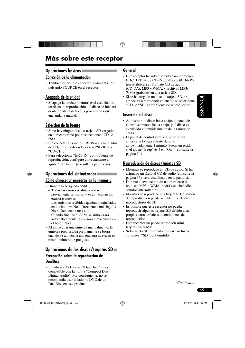 Más sobre este receptor, Esp a ñ ol, Operaciones básicas | Operaciones del sintonizador, Operaciones de los discos/tarjetas sd | JVC KD-AR7500 User Manual | Page 97 / 159