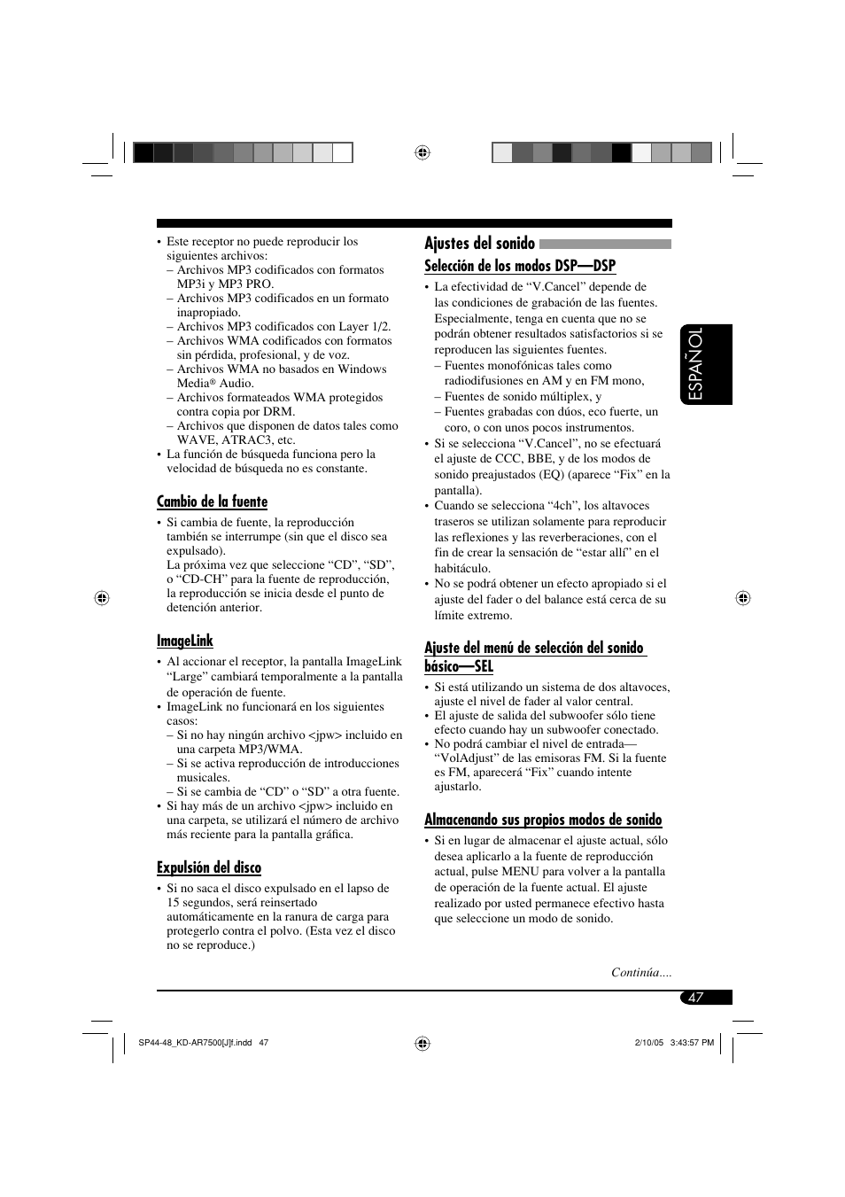 Esp a ñ ol, Ajustes del sonido | JVC KD-AR7500 User Manual | Page 99 / 159