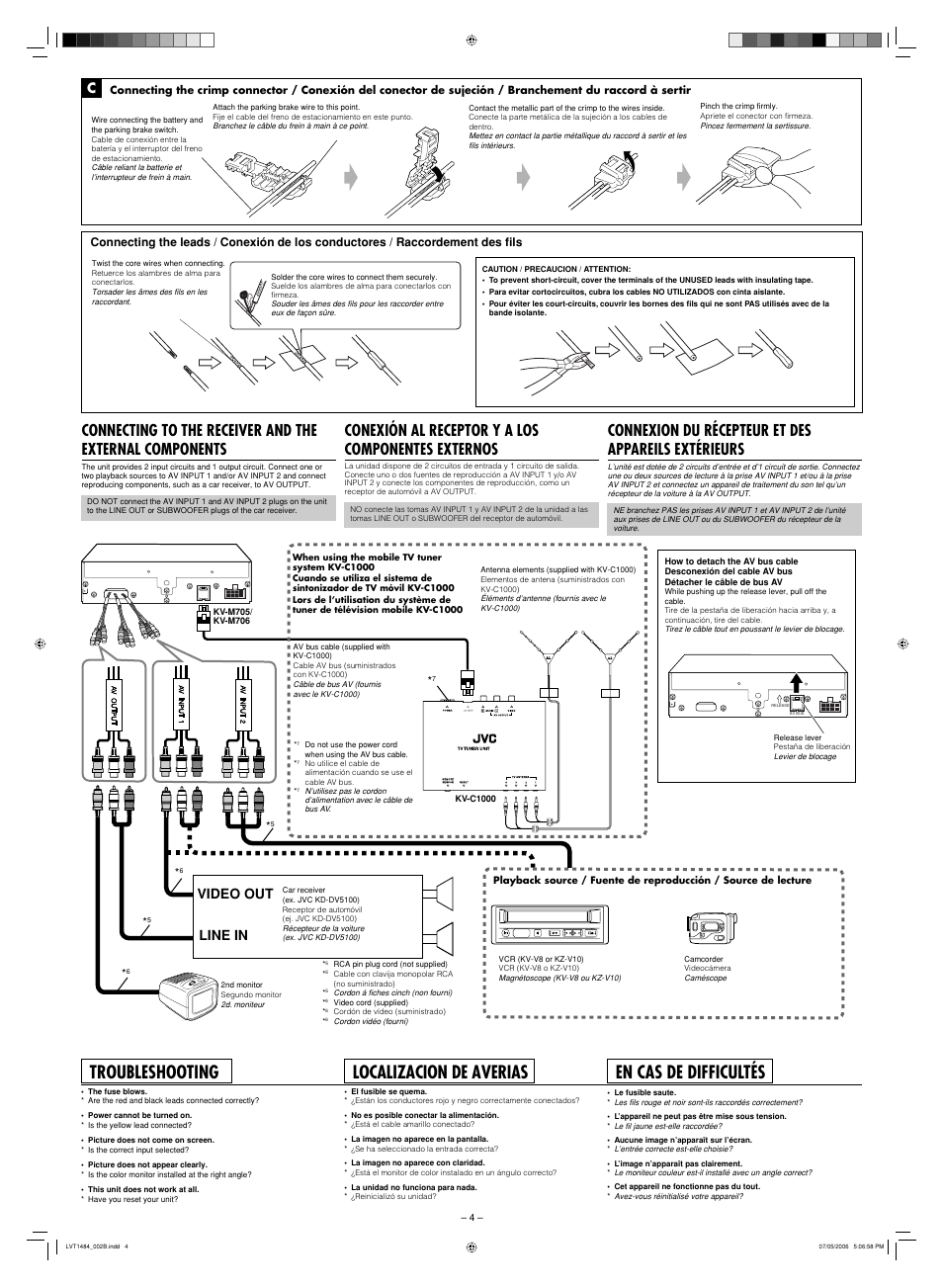 Troubleshooting, Localizacion de averias, En cas de difficultés | Conexión al receptor y a los componentes externos, Connexion du récepteur et des appareils extérieurs, Line in video out | JVC KV-M705 User Manual | Page 4 / 4