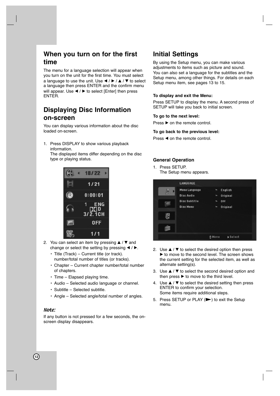 When you turn on for the first time, Displaying disc information on-screen, Initial settings | JVC XV-N672S User Manual | Page 12 / 28