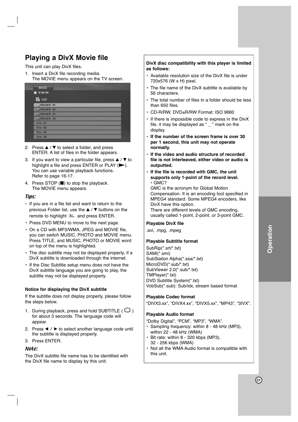Playing a divx movie file, Operation | JVC XV-N672S User Manual | Page 21 / 28