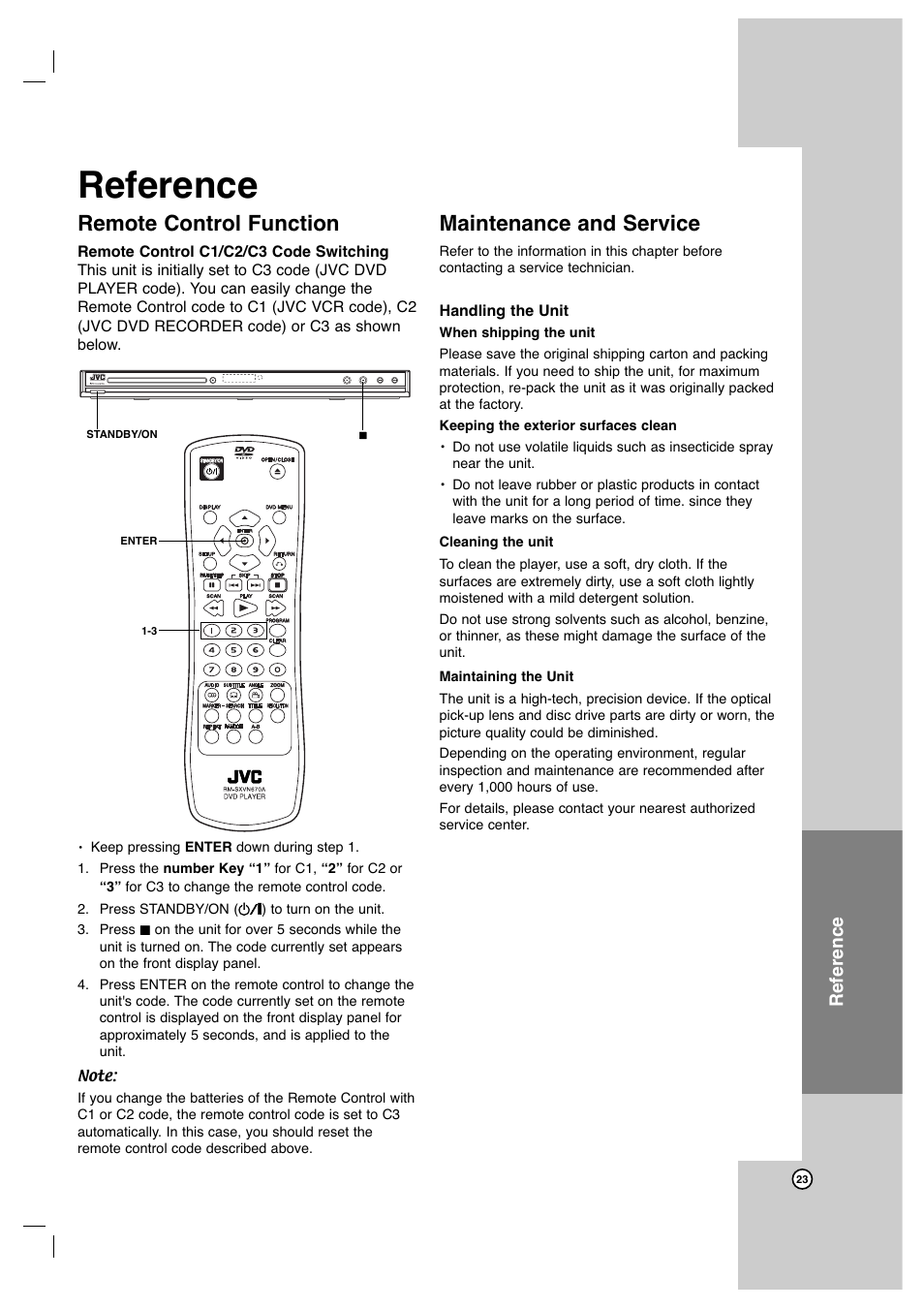 Reference, Remote control function, Maintenance and service | JVC XV-N672S User Manual | Page 23 / 28