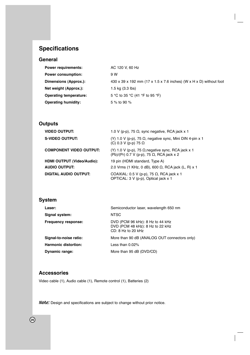 Specifications, General, Outputs | System, Accessories | JVC XV-N672S User Manual | Page 26 / 28