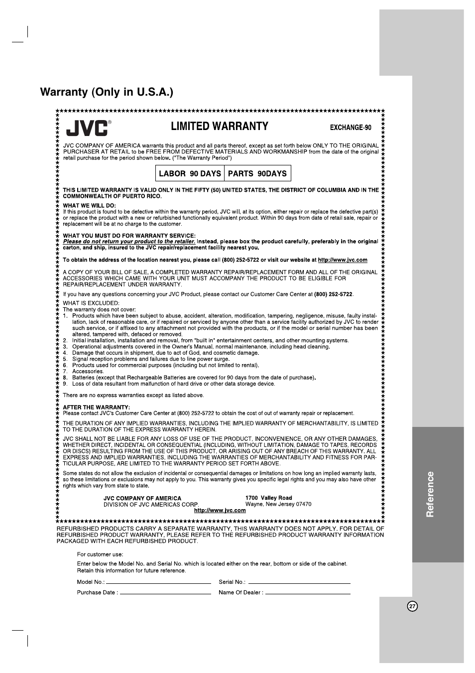 Warranty (only in u.s.a.) | JVC XV-N672S User Manual | Page 27 / 28