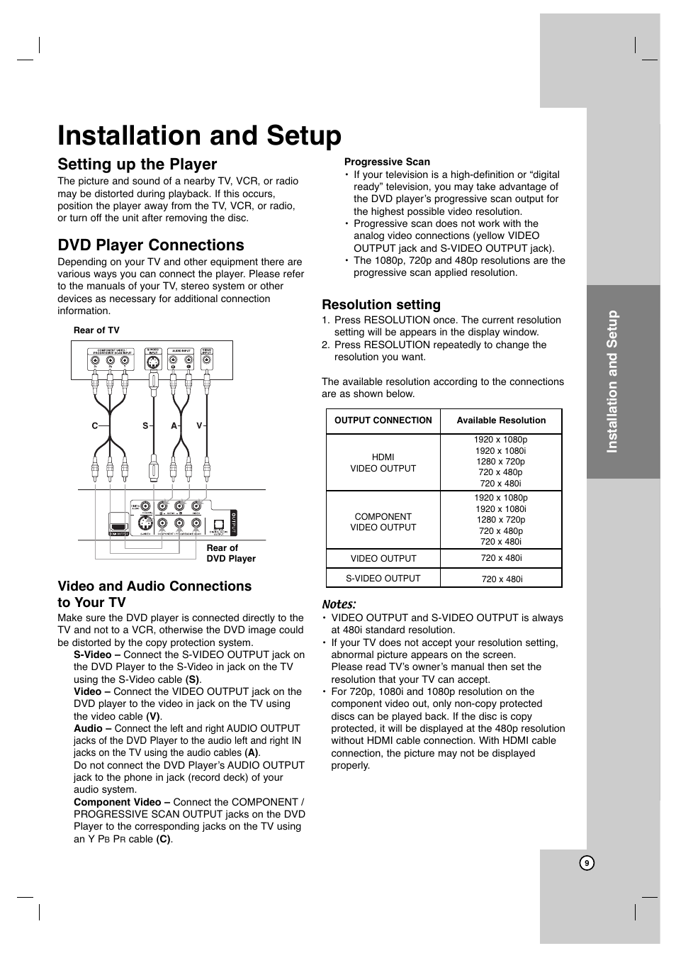 Installation and setup, Setting up the player, Dvd player connections | Operation reference introduction, Video and audio connections to your tv, Resolution setting | JVC XV-N672S User Manual | Page 9 / 28