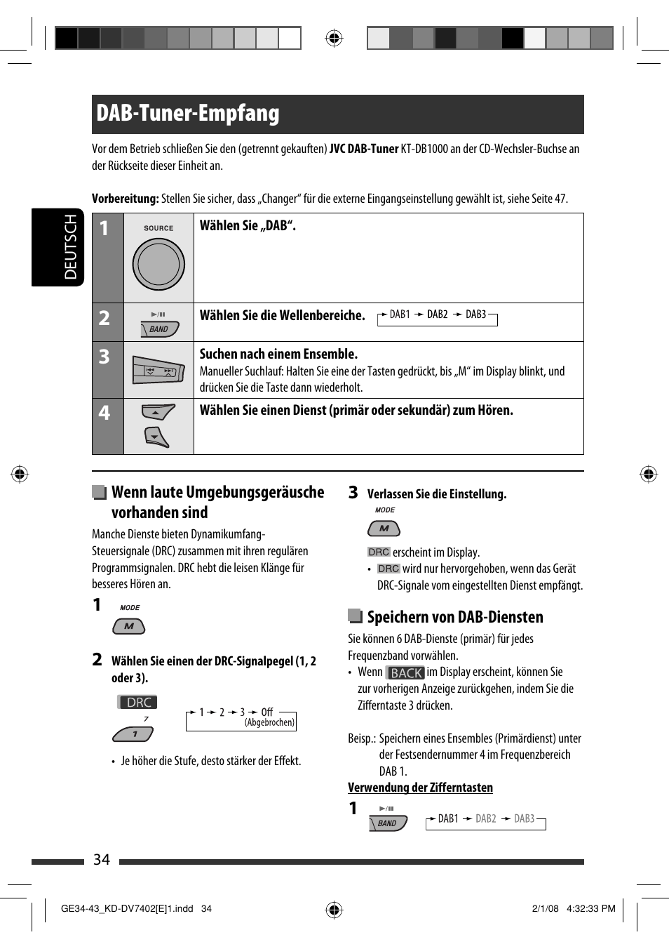 Dab-tuner-empfang, Wenn laute umgebungsgeräusche vorhanden sind, Speichern von dab-diensten | JVC DVD/CD Receiver KD-DV7401 User Manual | Page 100 / 267