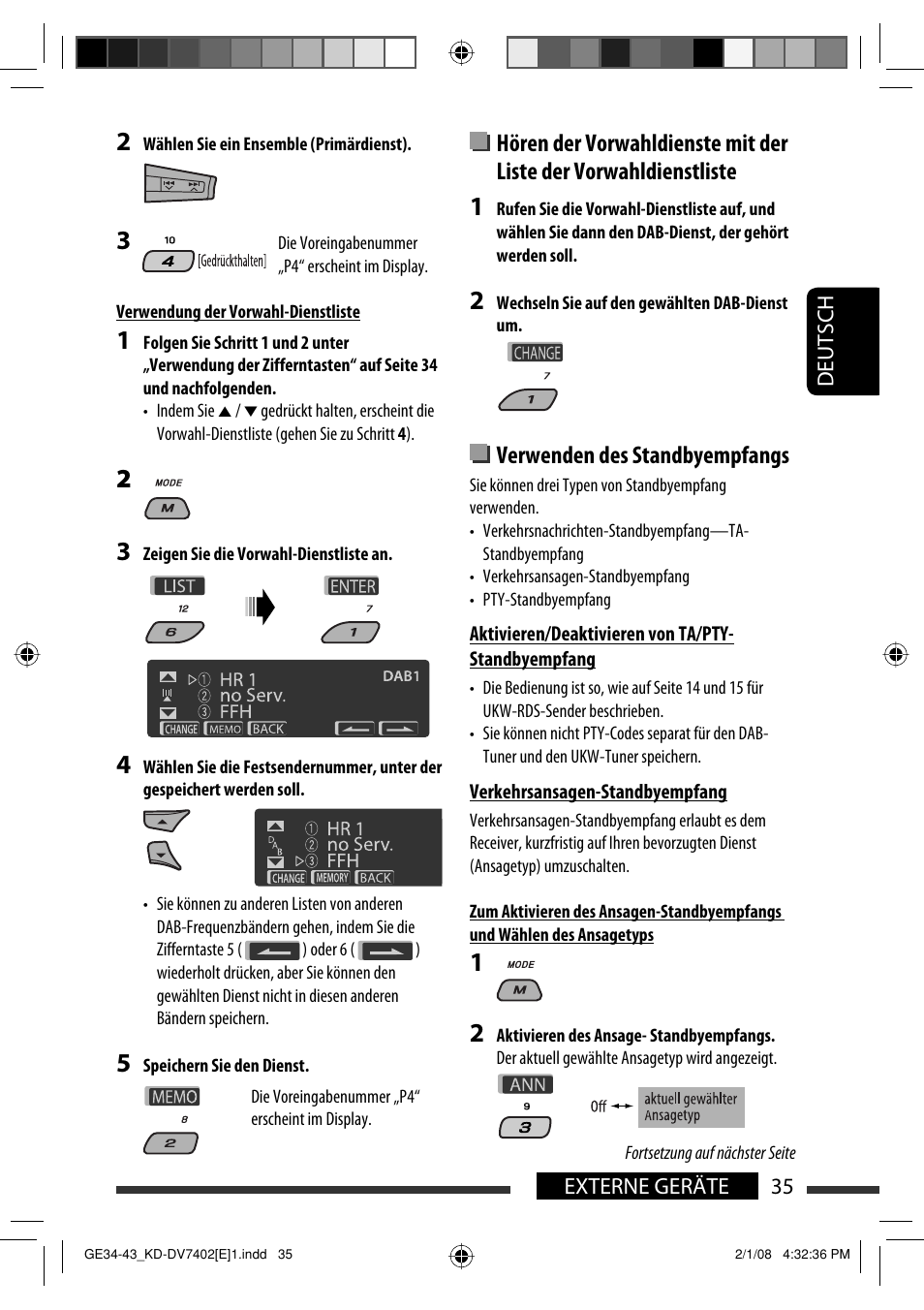 Verwenden des standbyempfangs | JVC DVD/CD Receiver KD-DV7401 User Manual | Page 101 / 267