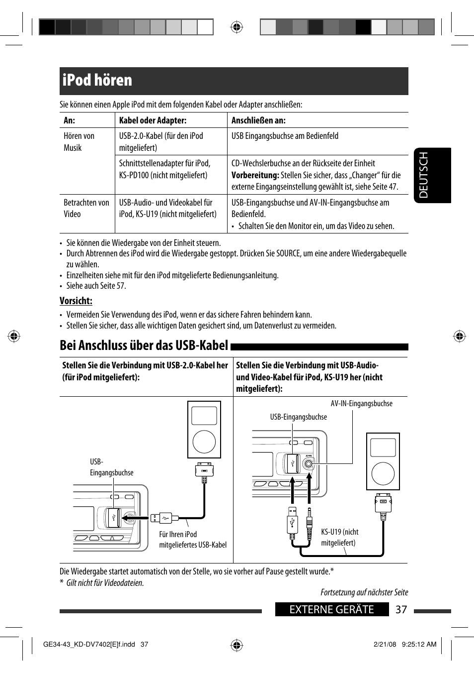 Ipod hören, Bei anschluss über das usb-kabel, Deutsch 37 externe geräte | JVC DVD/CD Receiver KD-DV7401 User Manual | Page 103 / 267