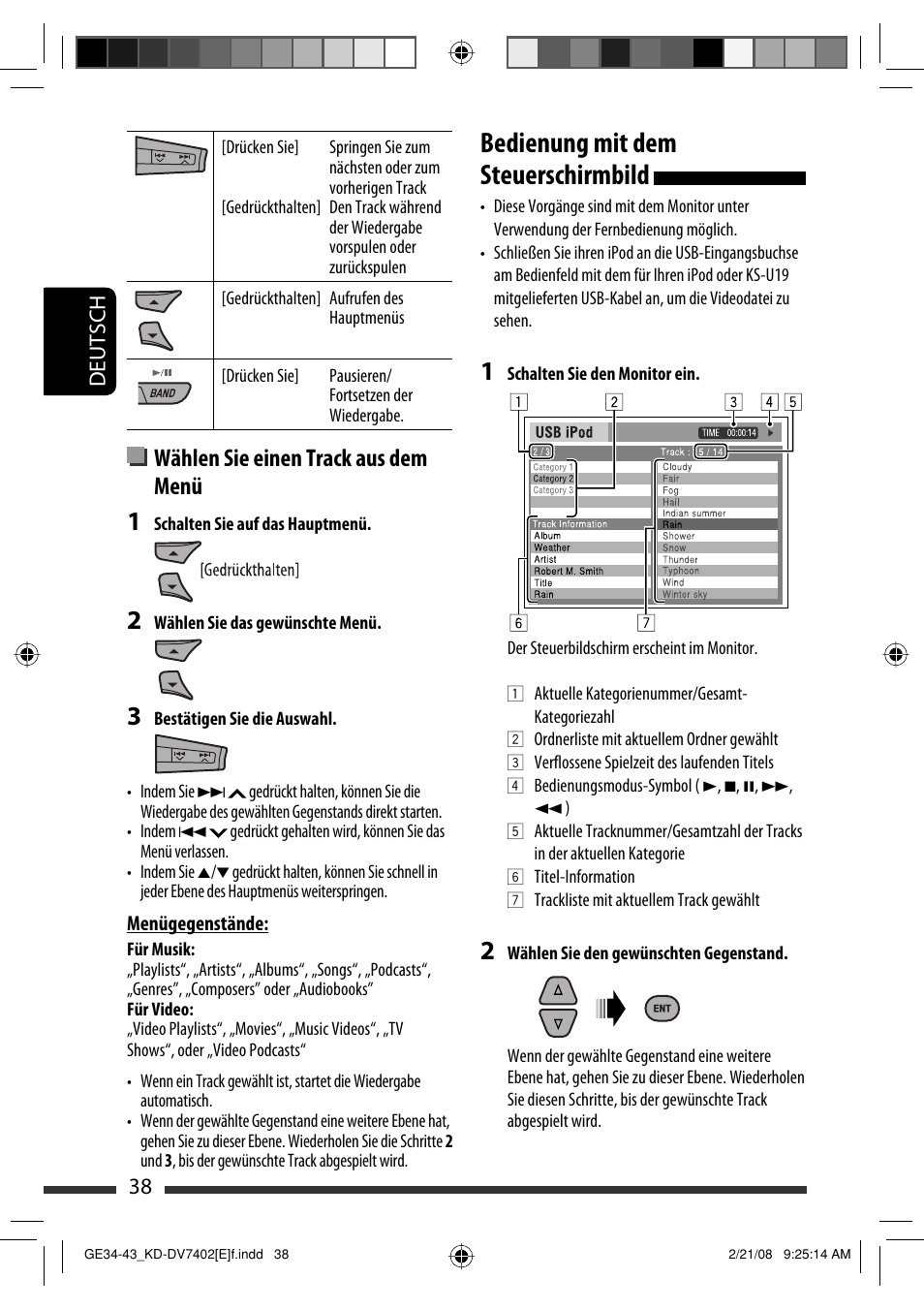 Bedienung mit dem steuerschirmbild, Wählen sie einen track aus dem menü, Deutsch 38 | JVC DVD/CD Receiver KD-DV7401 User Manual | Page 104 / 267