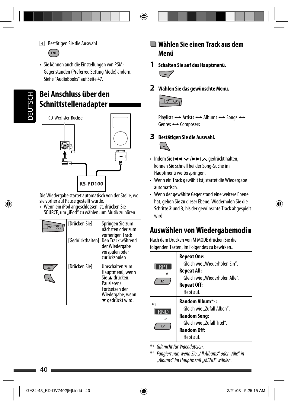 Bei anschluss über den schnittstellenadapter, Auswählen von wiedergabemodi, Wählen sie einen track aus dem menü | Deutsch 40 | JVC DVD/CD Receiver KD-DV7401 User Manual | Page 106 / 267