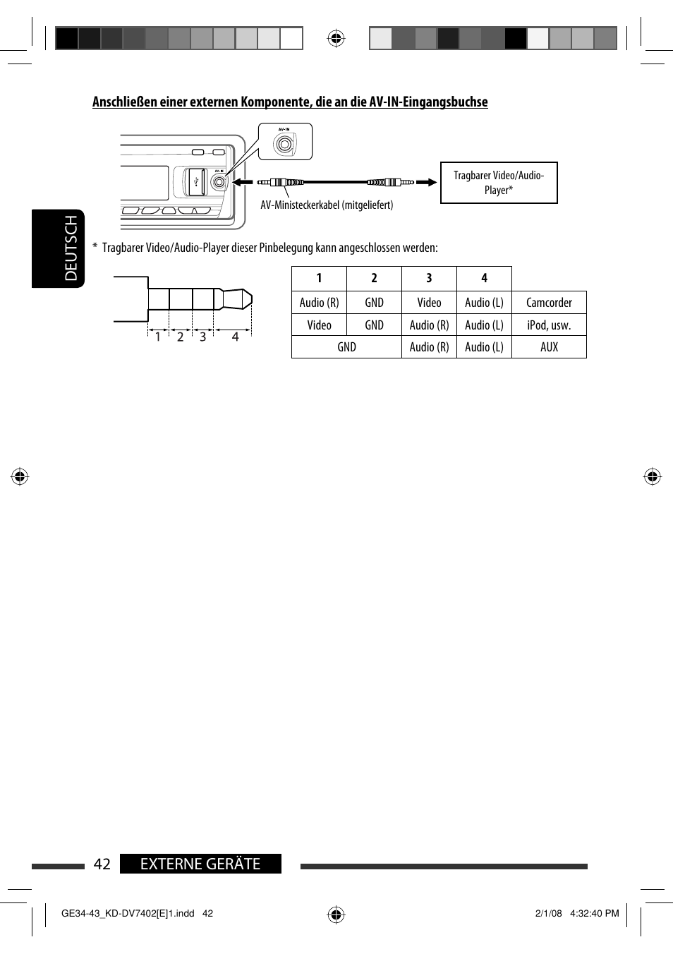 Deutsch 42 externe geräte | JVC DVD/CD Receiver KD-DV7401 User Manual | Page 108 / 267