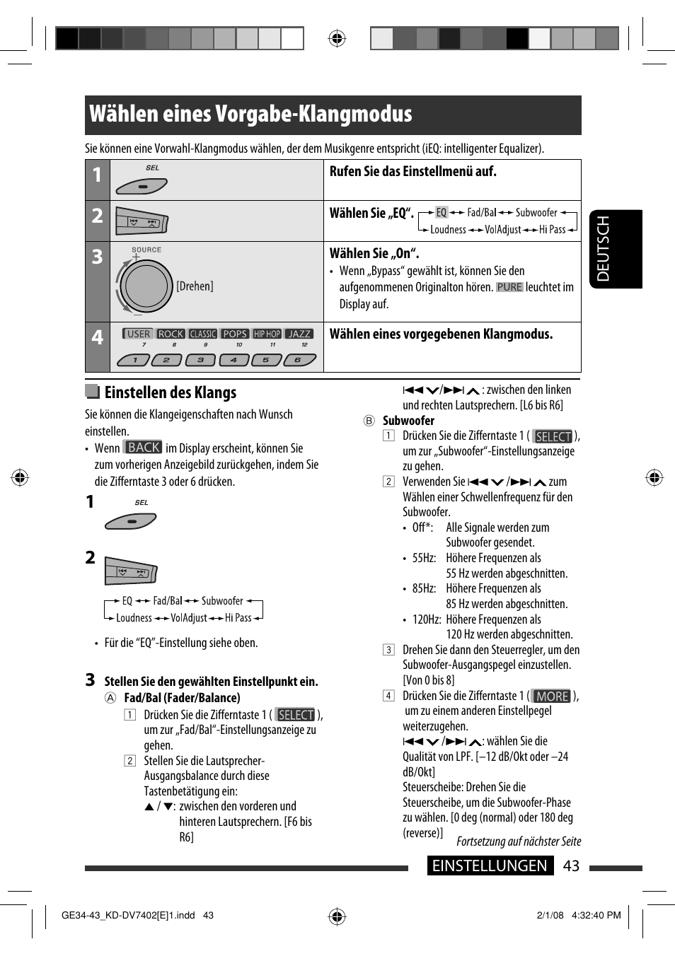 Wählen eines vorgabe-klangmodus, Einstellen des klangs, Deutsch 43 einstellungen | JVC DVD/CD Receiver KD-DV7401 User Manual | Page 109 / 267