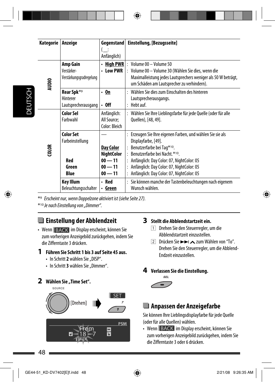 Anpassen der anzeigefarbe, Einstellung der abblendzeit, Deutsch 48 | JVC DVD/CD Receiver KD-DV7401 User Manual | Page 114 / 267