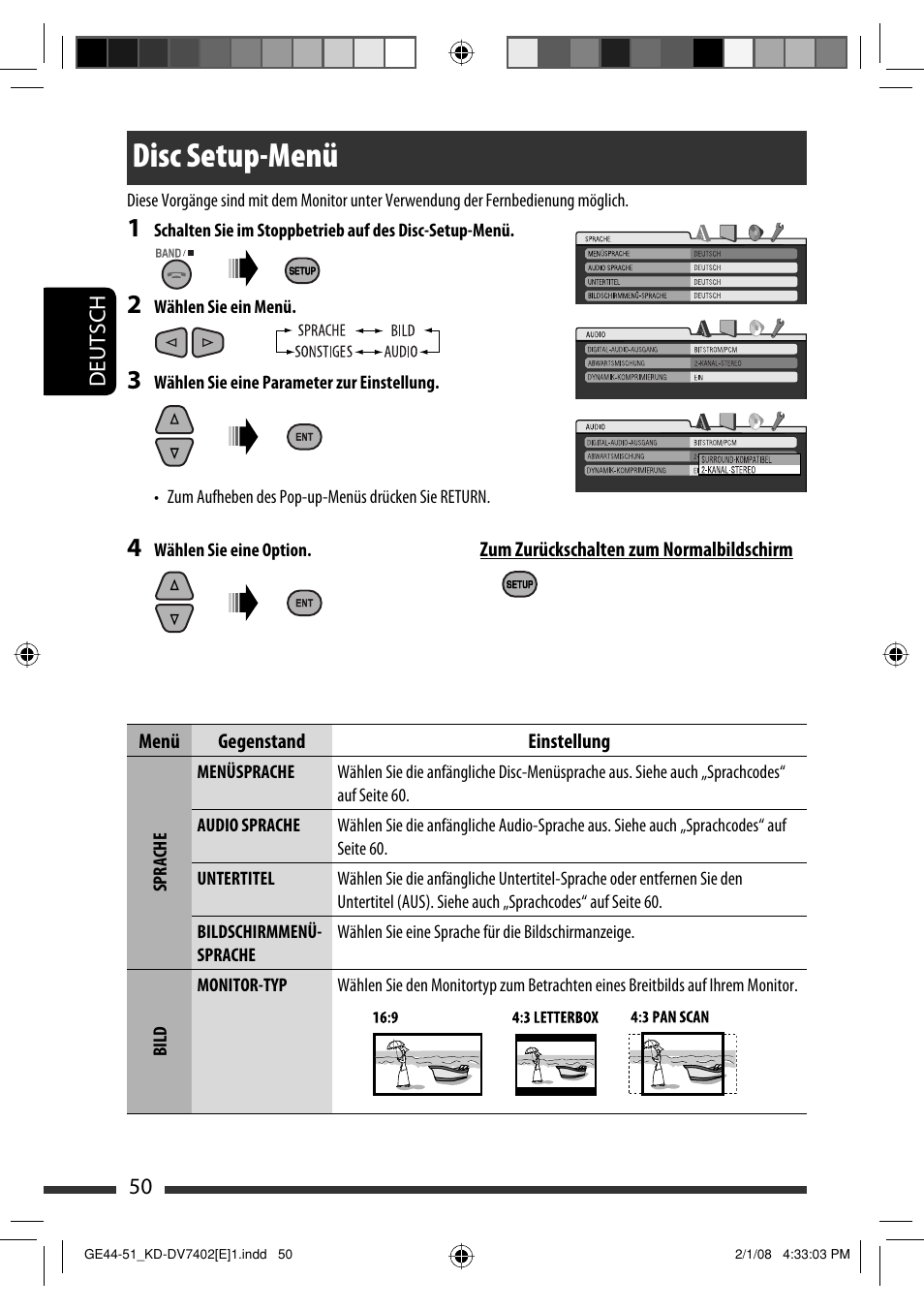 Disc setup-menü | JVC DVD/CD Receiver KD-DV7401 User Manual | Page 116 / 267