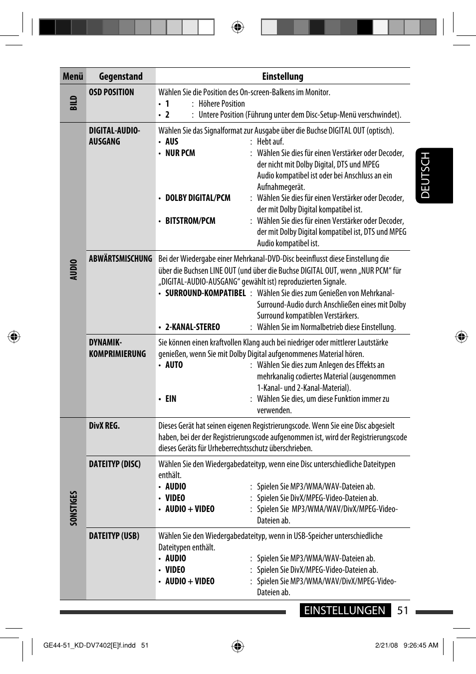 Deutsch 51 einstellungen | JVC DVD/CD Receiver KD-DV7401 User Manual | Page 117 / 267