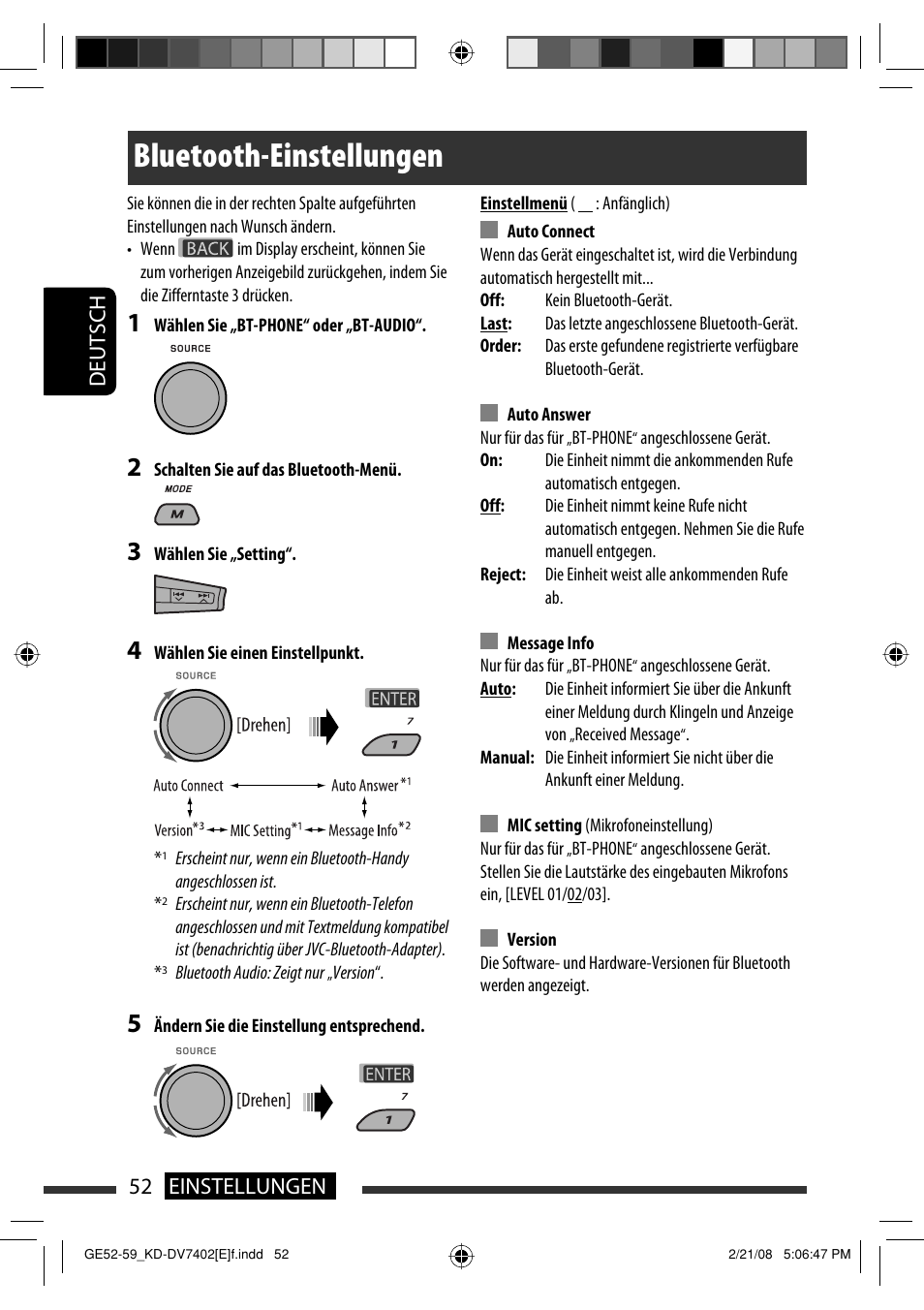 Bluetooth-einstellungen, Deutsch 52 einstellungen | JVC DVD/CD Receiver KD-DV7401 User Manual | Page 118 / 267