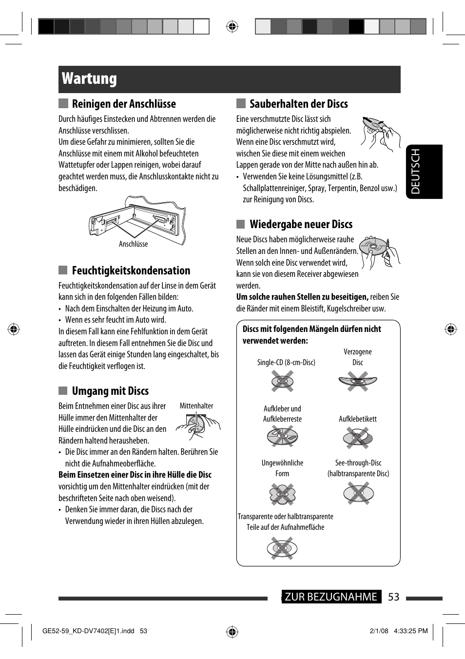 Wartung, Reinigen der anschlüsse, Feuchtigkeitskondensation | Umgang mit discs, Sauberhalten der discs, Wiedergabe neuer discs, Deutsch 53 zur bezugnahme | JVC DVD/CD Receiver KD-DV7401 User Manual | Page 119 / 267