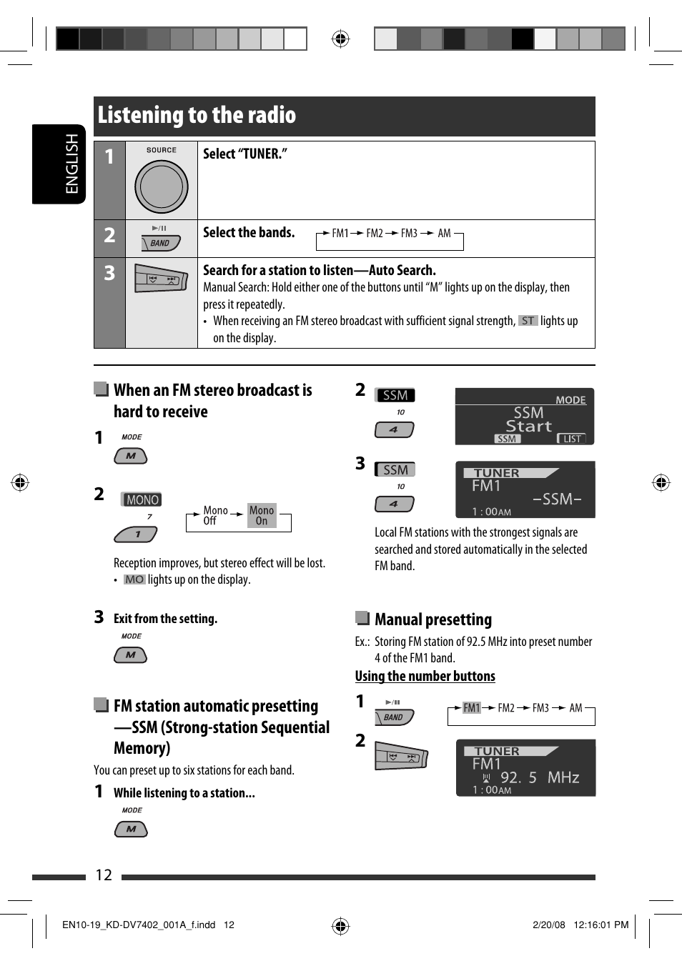 Listening to the radio | JVC DVD/CD Receiver KD-DV7401 User Manual | Page 12 / 267