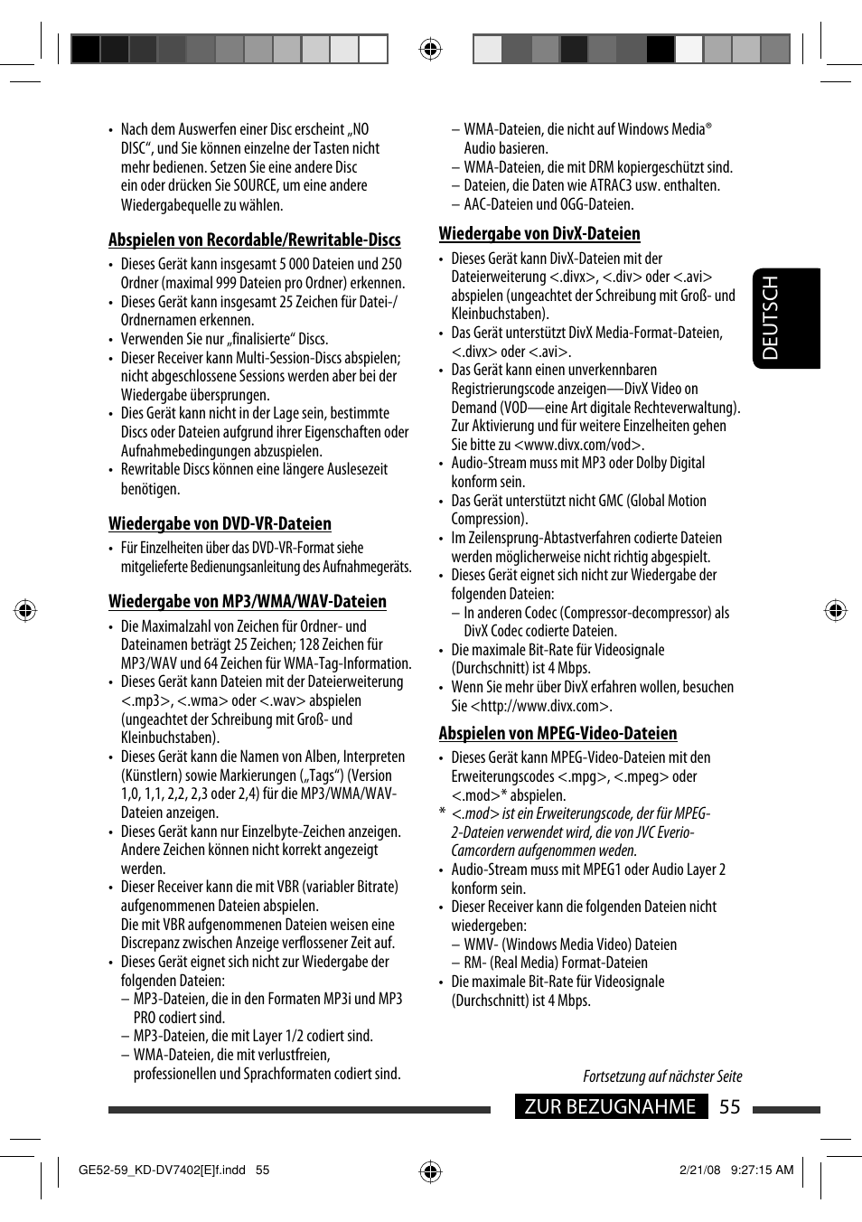 Deutsch 55 zur bezugnahme | JVC DVD/CD Receiver KD-DV7401 User Manual | Page 121 / 267