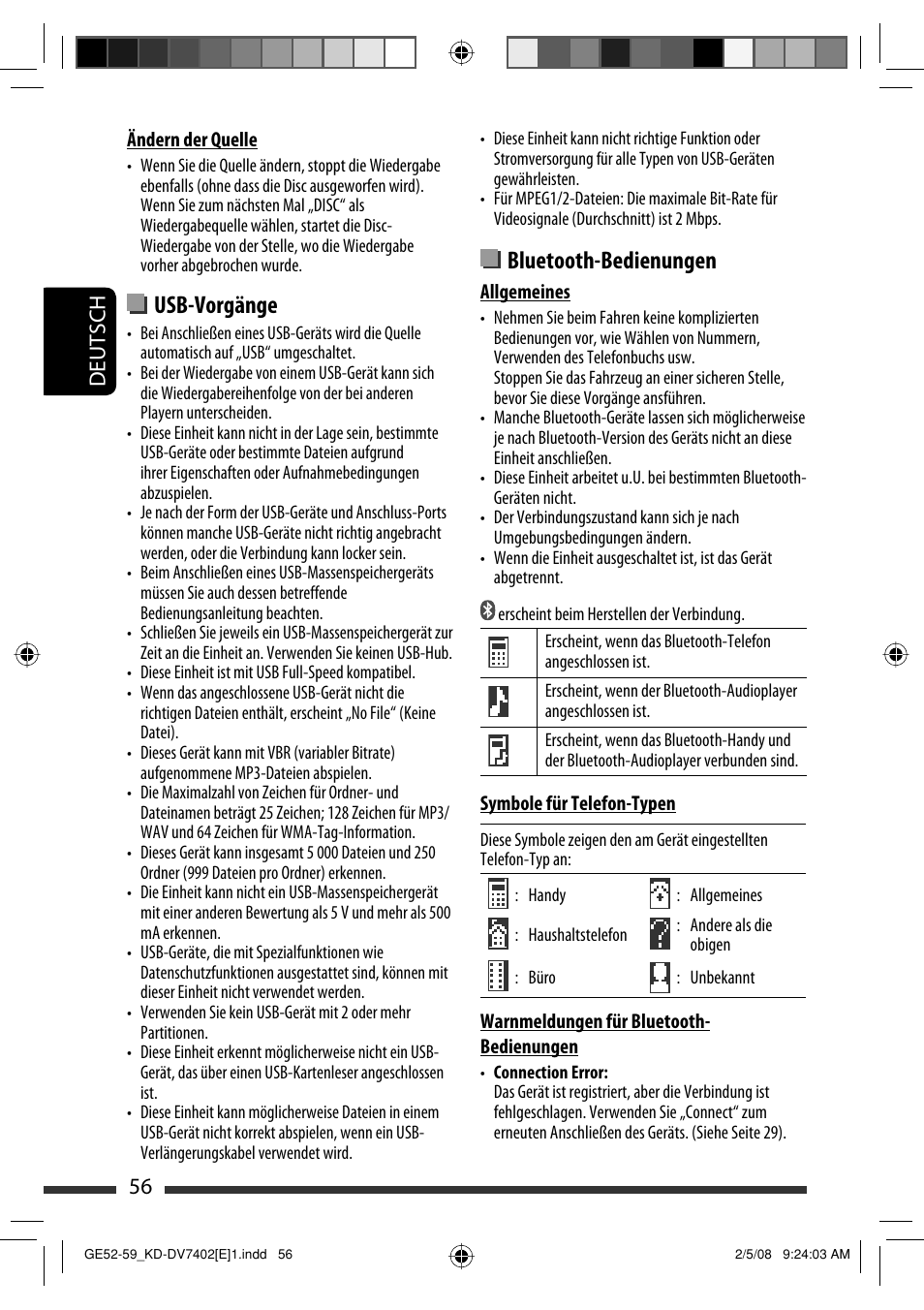 Bluetooth-bedienungen, Usb-vorgänge, Deutsch 56 | JVC DVD/CD Receiver KD-DV7401 User Manual | Page 122 / 267