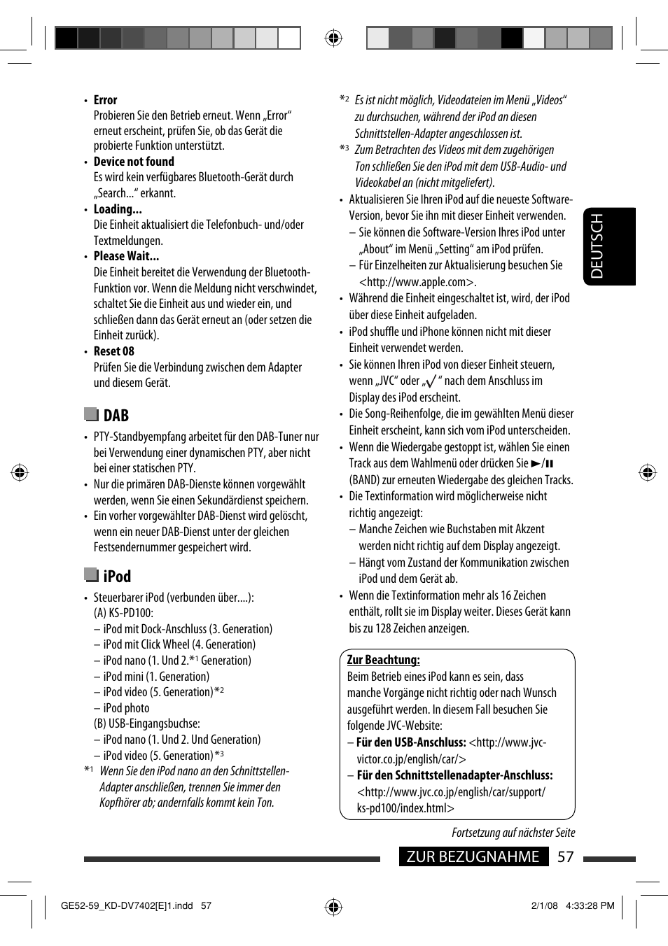 Ipod, Deutsch 57 zur bezugnahme | JVC DVD/CD Receiver KD-DV7401 User Manual | Page 123 / 267